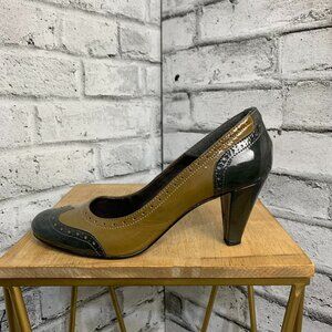 Vintage Y2K Wingtip Pumps 41 Brown Patent Leather High Heel Shoes Rockabilly